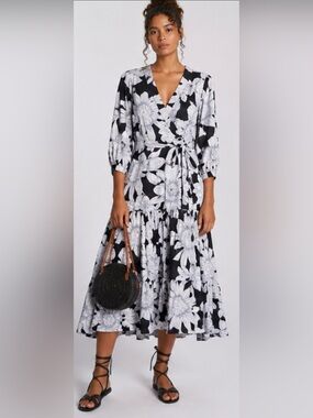 Anthropologie Maeve Black White Floral Midi Wrap Dress 12 New